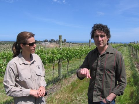 VINEYARD AND CELLAR TOGETHER: RACHEL STEER AND MIKE FRAGOS, WITH CHAPEL HILL WINERY IN THE BACKGROUND, McLAREN VALE, SOUTH AUSTRALIA